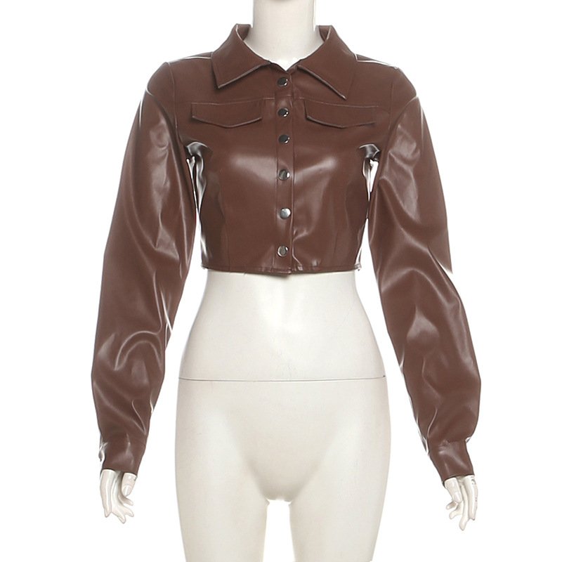 X15956C Leather Pocket 2 Piece Set Y2K Hipster Single-Breasted Crop Tops+Peach Hip Skirts Matching Luxury Fall Trend Outfits