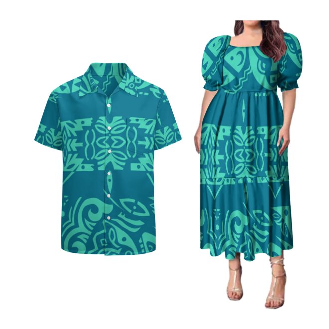 Hot Sales Customized Couples Clothing Two Piece Sets 2Pcs Square Collar Puff Short Sleeve Tiered Puffy Dress Matching Men Shirts