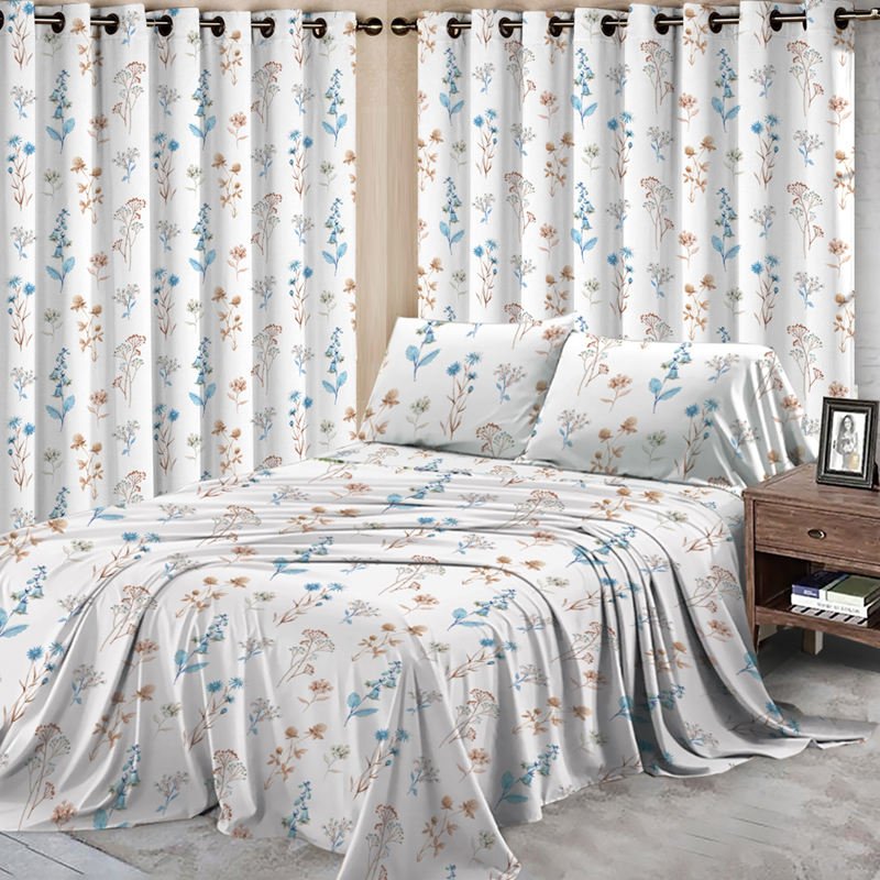 Customized Fabrics Sizes Hot Selling 100% Polyester Curtain and Bed sheet Set With Matching Curtains