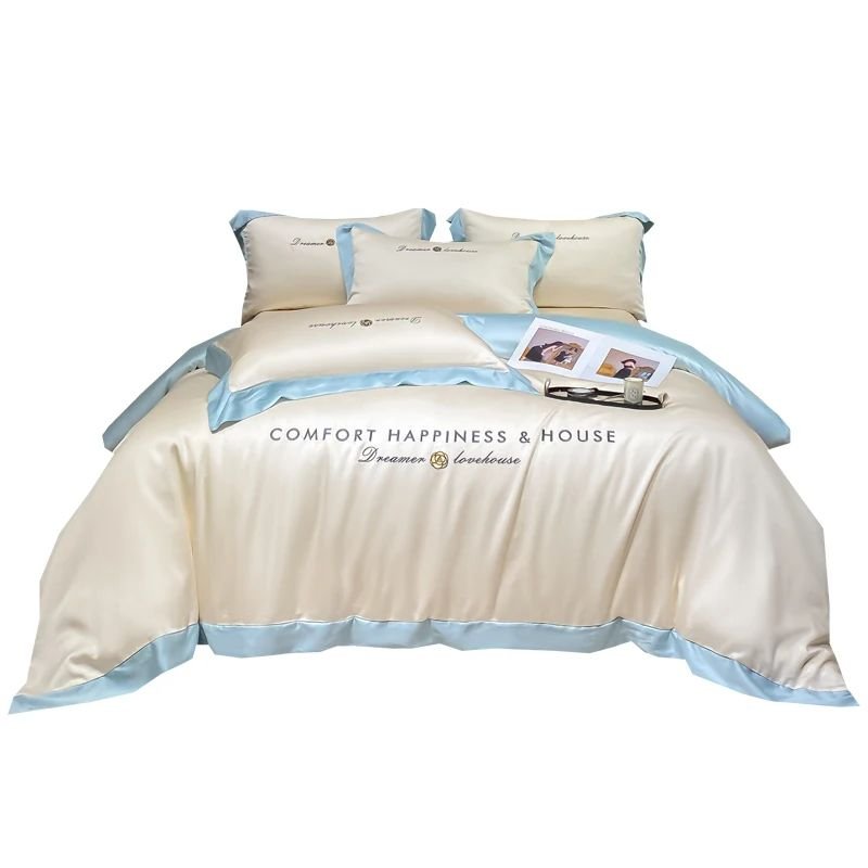 Silky Home Textile Simple Style Solid Stitching Four-pieces Duvet Cover Set Silk Embroidery Bedding Set With Pillowcase