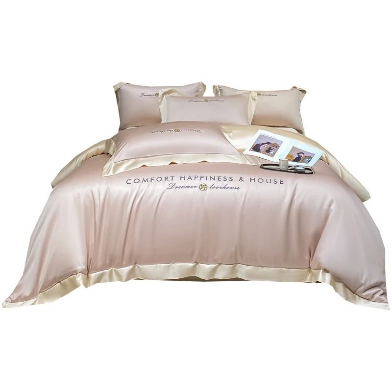 Silky Home Textile Simple Style Solid Stitching Four-pieces Duvet Cover Set Silk Embroidery Bedding Set With Pillowcase