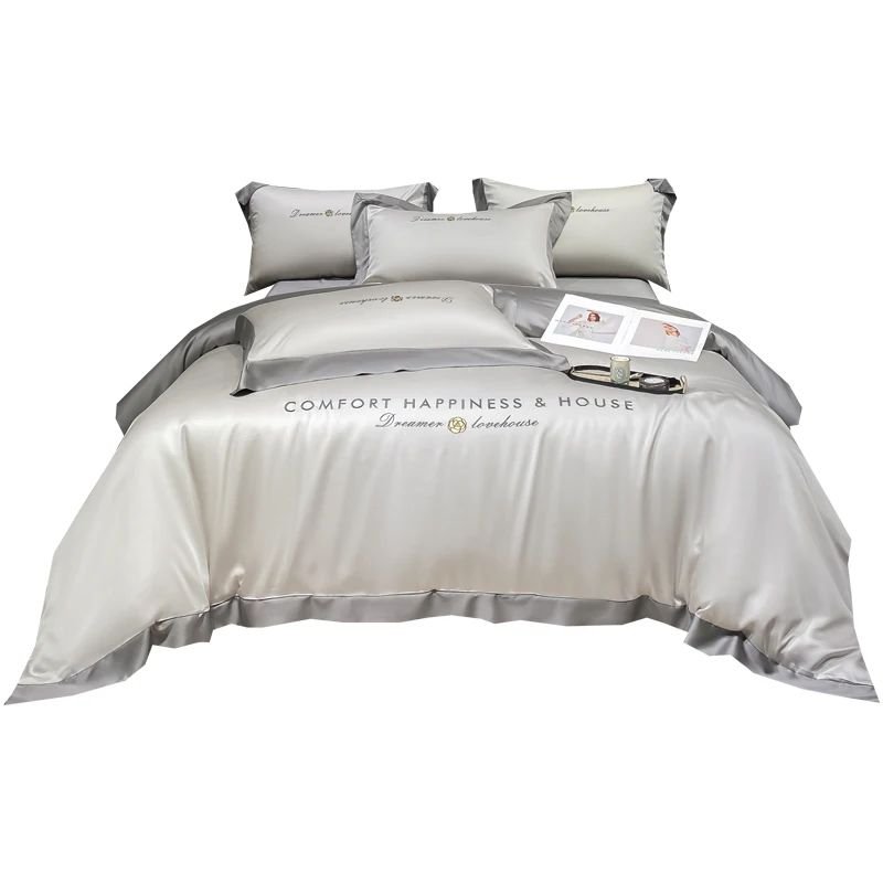 Silky Home Textile Simple Style Solid Stitching Four-pieces Duvet Cover Set Silk Embroidery Bedding Set With Pillowcase