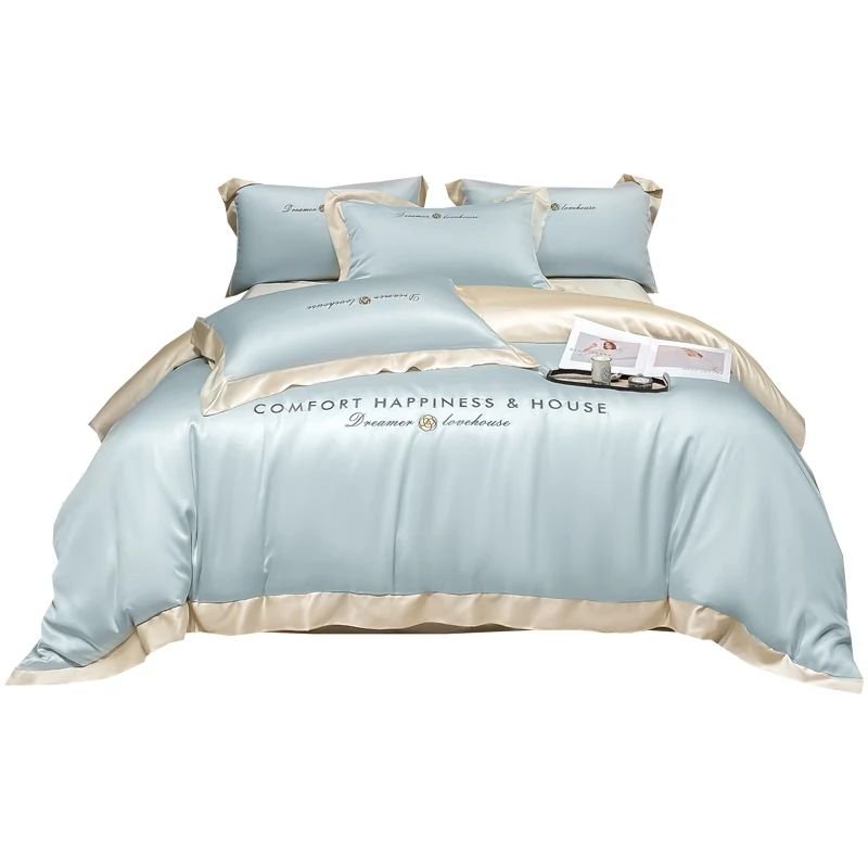 Silky Home Textile Simple Style Solid Stitching Four-pieces Duvet Cover Set Silk Embroidery Bedding Set With Pillowcase