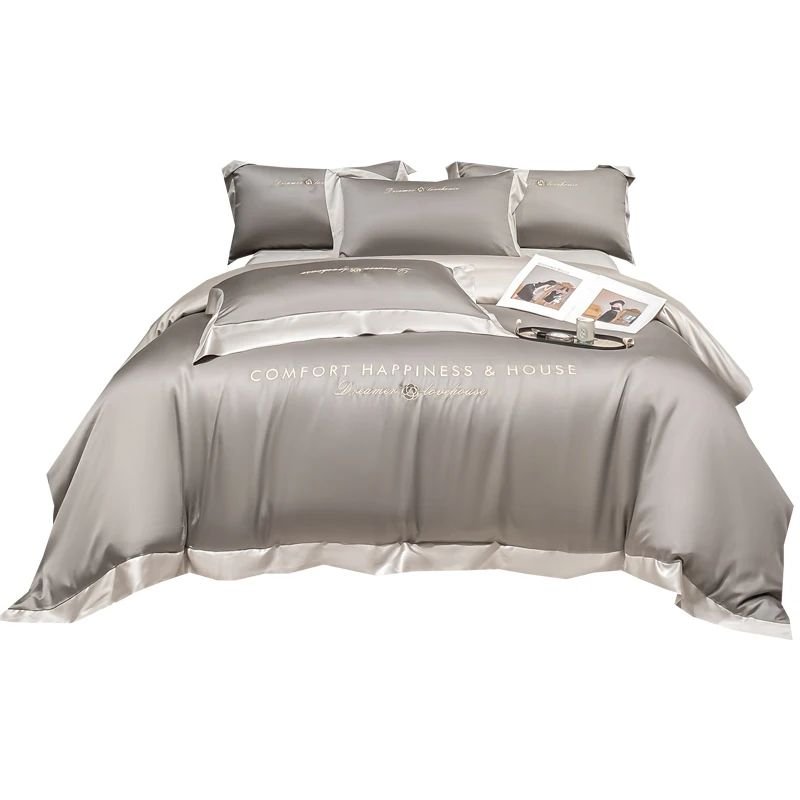 Silky Home Textile Simple Style Solid Stitching Four-pieces Duvet Cover Set Silk Embroidery Bedding Set With Pillowcase