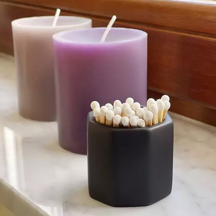 Ceramic Hexagon Black White Match Holder With Striker