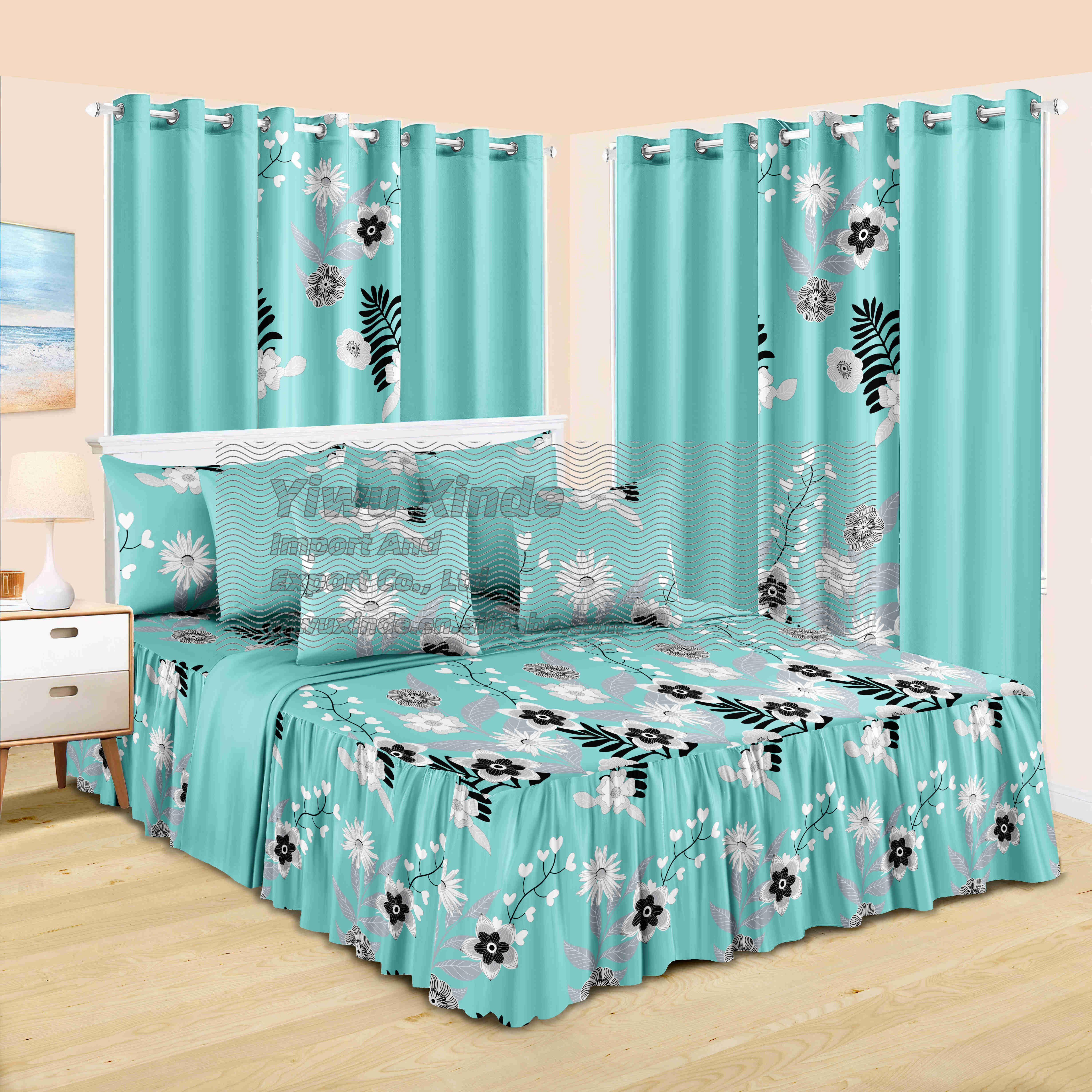 luxury king size bed sheets set 14pcs fancy bedskirt microfiber bedding set match window curtains