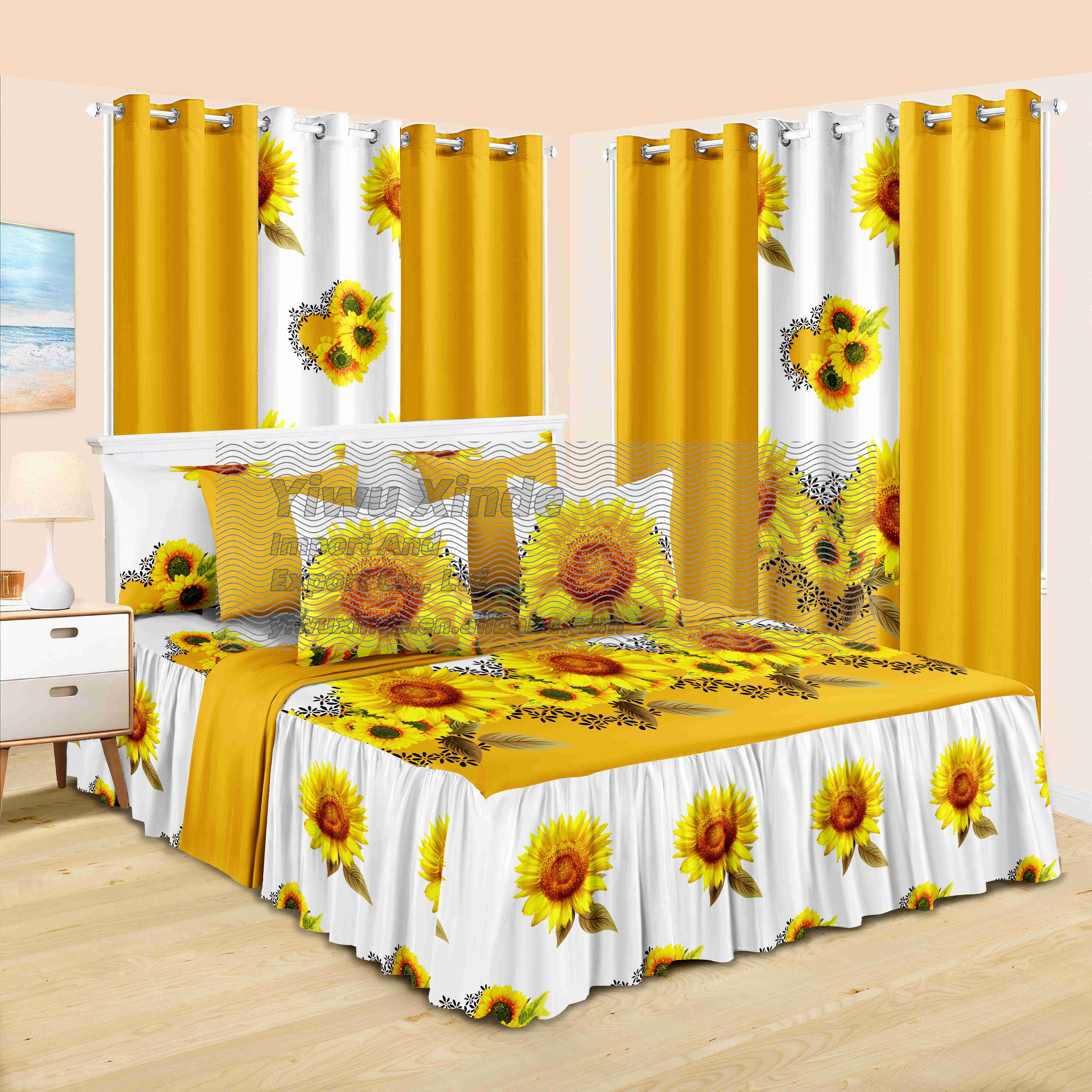 luxury king size bed sheets set 14pcs fancy bedskirt microfiber bedding set match window curtains