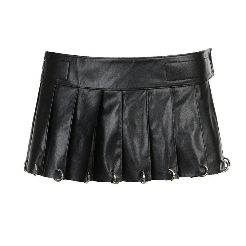Designer Women Skirt Sets Pu Leather Hooded Bra Top And Mini Skirt Matching Sets Sexy Y2K Two Piece Leather Cool Skirts Sets