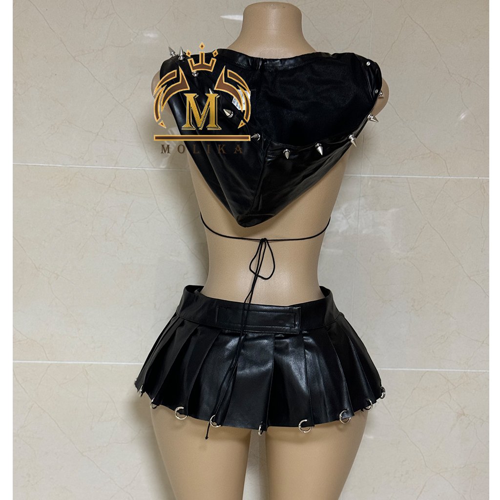 Designer Women Skirt Sets Pu Leather Hooded Bra Top And Mini Skirt Matching Sets Sexy Y2K Two Piece Leather Cool Skirts Sets