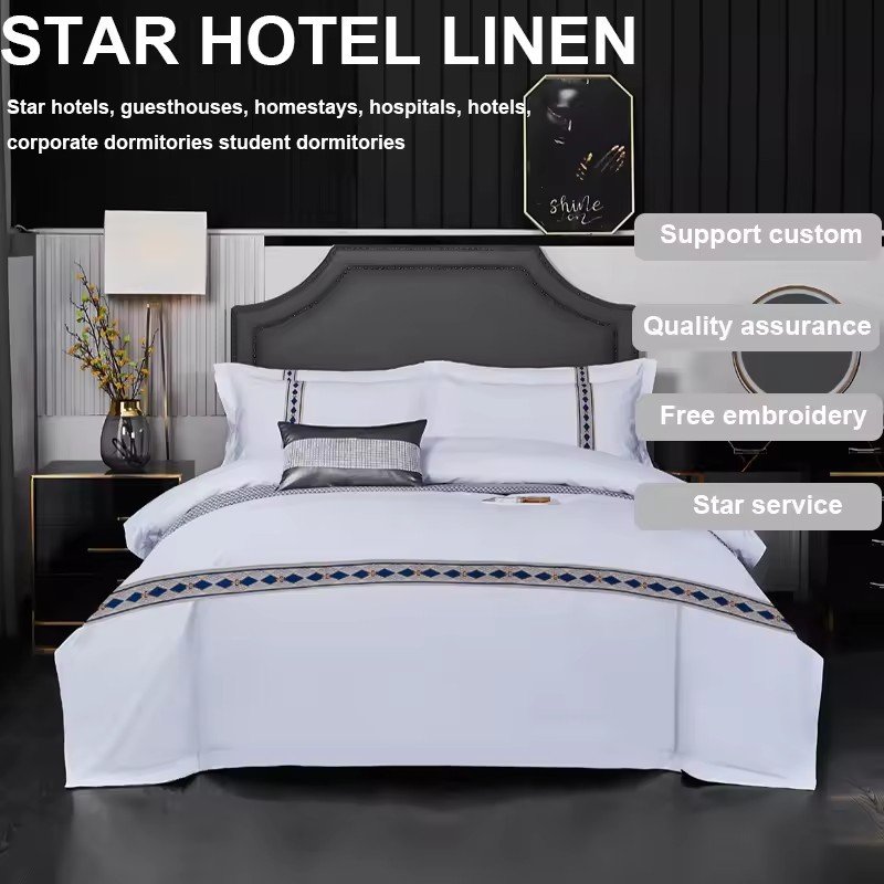 Five-star Hotel spa Resort white cotton custom LOGO embroidery printing four-piece set hotel sheets bedding set