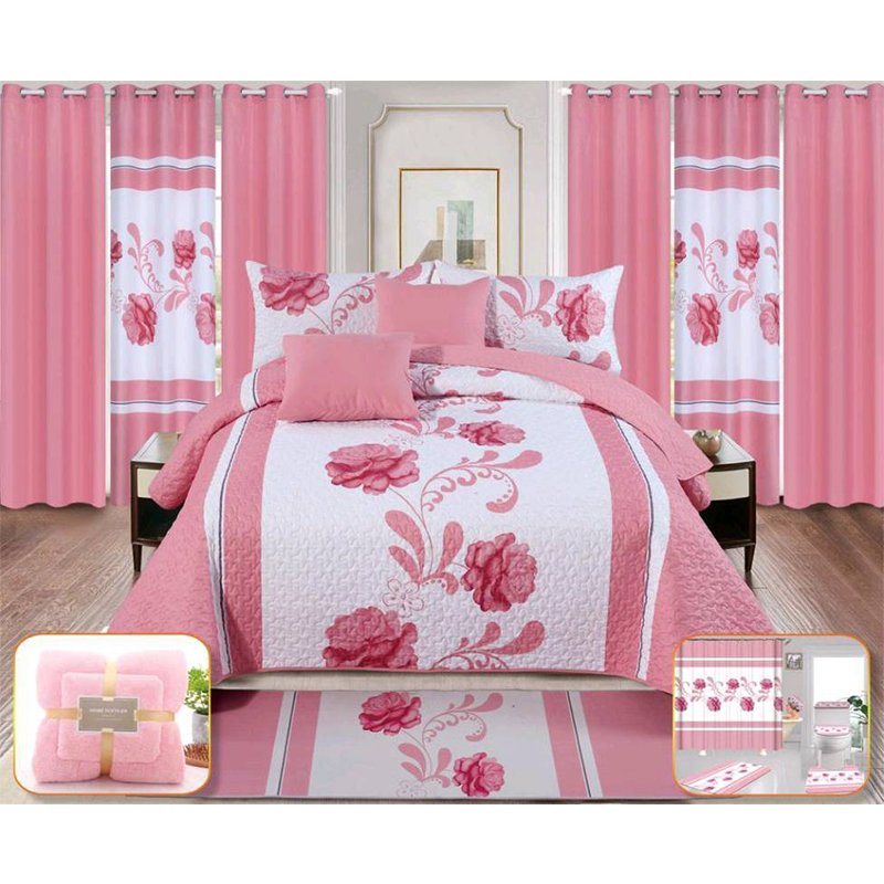Factory cheap price Super soft Plant Printed Soft Bedspread Set Curtain Bedding Set Queen Size 12 Pieces Bedding Set
