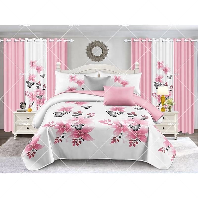Factory cheap price Plant Printed Soft Bedspread Set Curtain Bedding Set Queen Size 12 Pieces Bedding Set