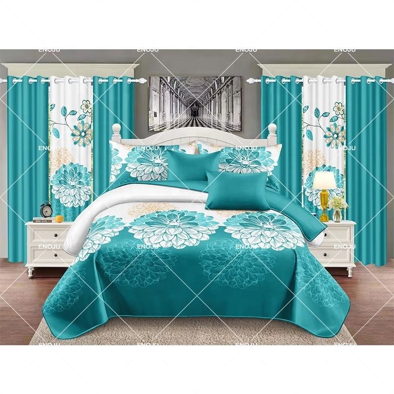 Factory cheap price Plant Printed Soft Bedspread Set Curtain Bedding Set Queen Size 12 Pieces Bedding Set