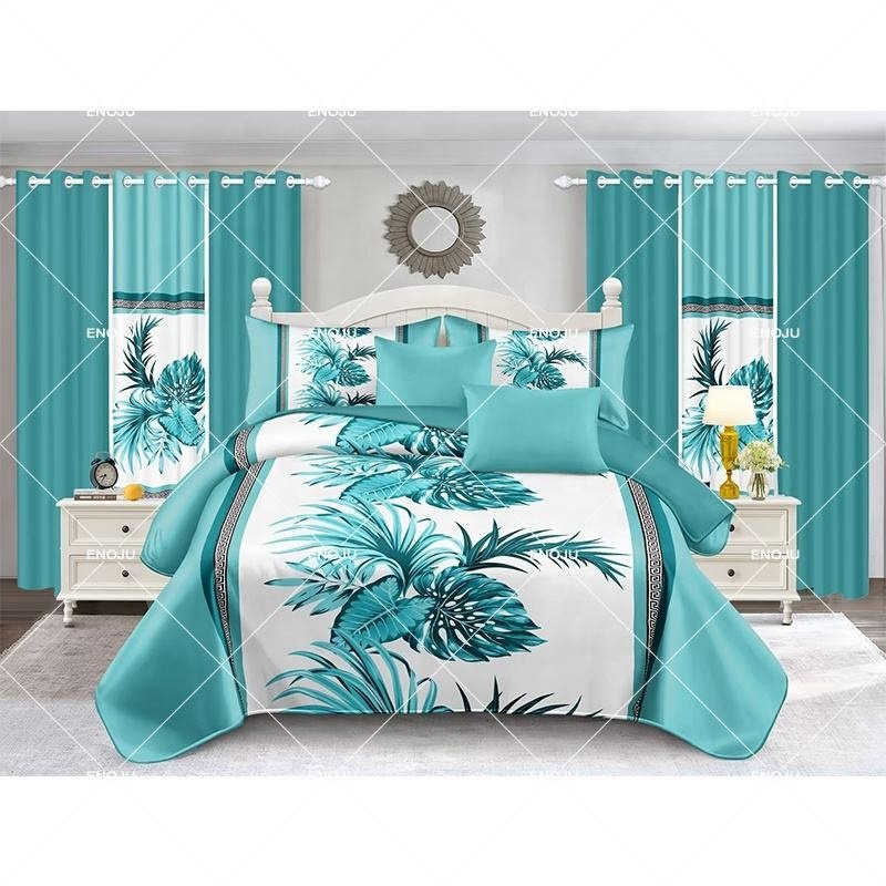 Factory cheap price Plant Printed Soft Bedspread Set Curtain Bedding Set Queen Size 12 Pieces Bedding Set