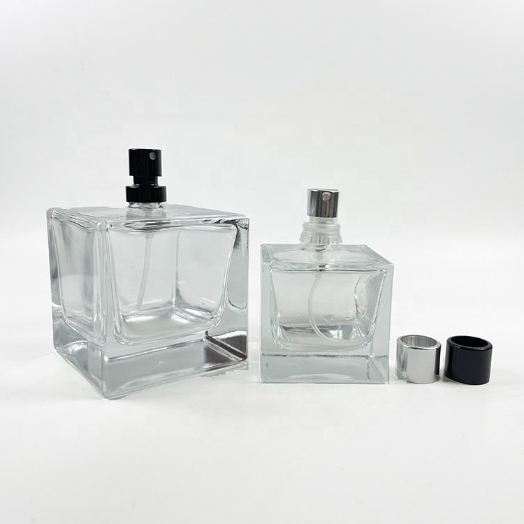 Hot sale 100ml square perfume bottle empty spray perfume glass bottle refillable perfume bottle with matched black lid