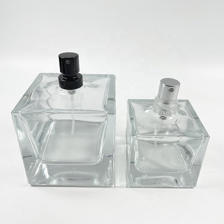 Hot sale 100ml square perfume bottle empty spray perfume glass bottle refillable perfume bottle with matched black lid