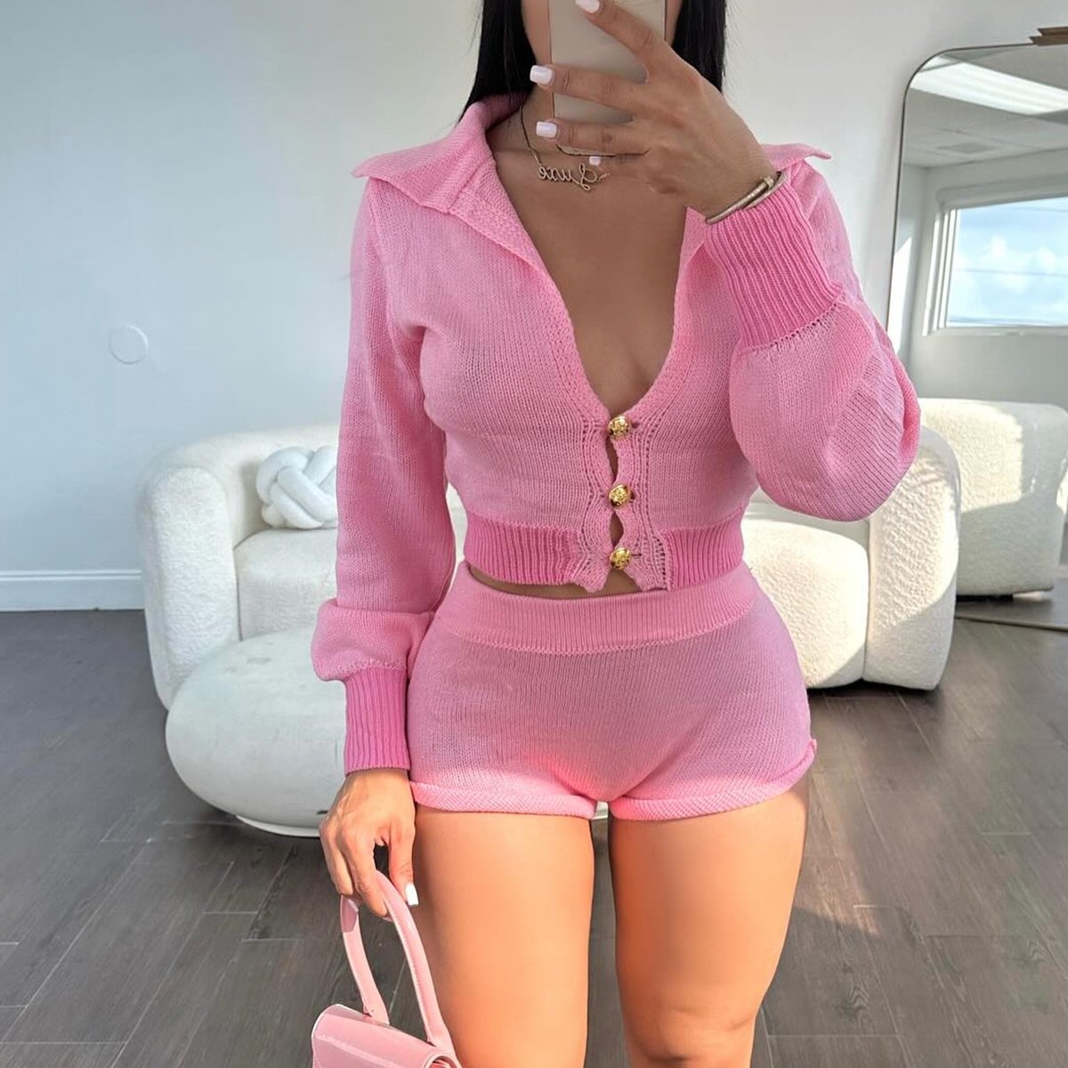 2024 New Winter Fall Women Shorts Set Knit Crop Sweater Shorts Matching Sets Ladies Knitted Two Piece Shorts Set Women Clothing