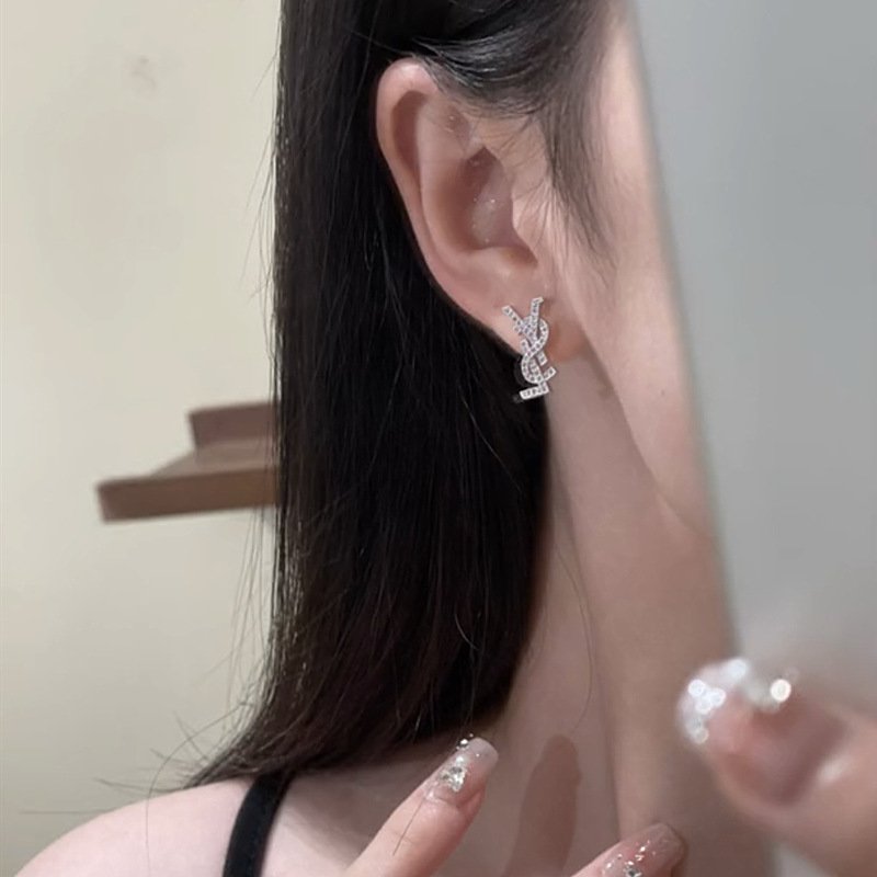 Zircon letter stud earrings S925 Silver needle female light luxury simple personality all matching earrings