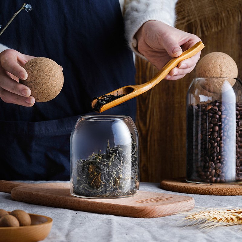 Coffee bean dispense bottle Japanese simple round ball cork glass storage jar Tea jar sealed jar Coffee can