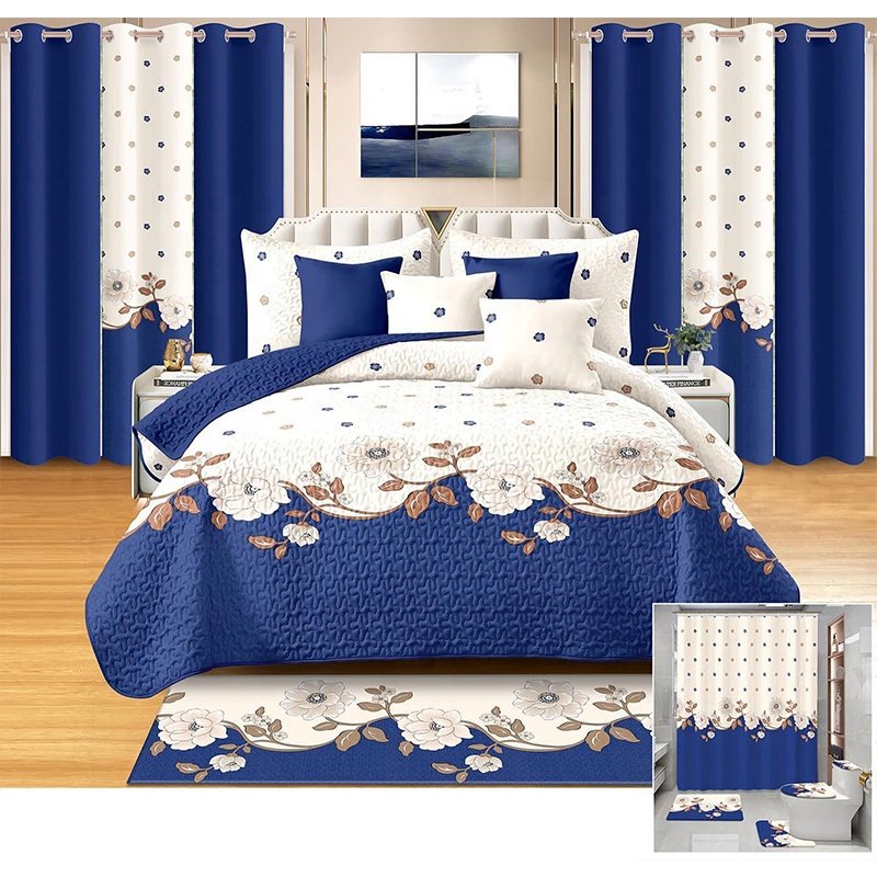 26-Piece Printed Bedding Set with Matching Curtains Cotton Quilt Set with 300TC Thread Count