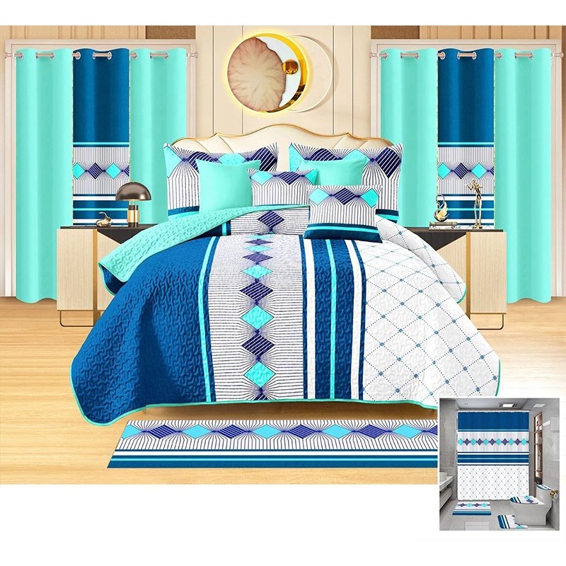 26-Piece Printed Bedding Set with Matching Curtains Cotton Quilt Set with 300TC Thread Count