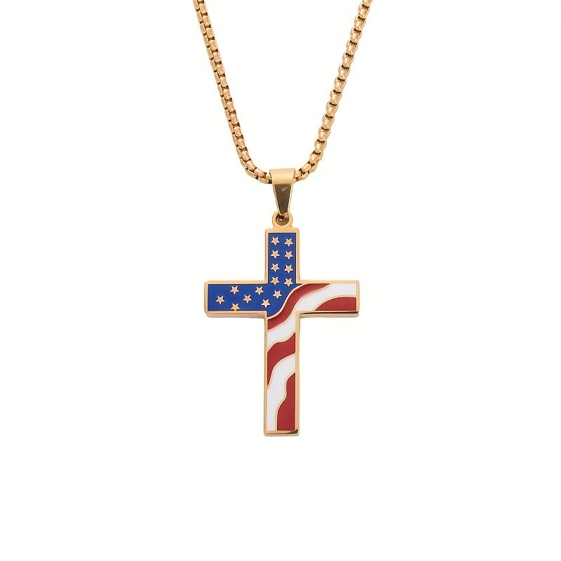 Color Matching National Flag Necklace American Flag Cross Pendant Necklace Stainless Steel Independence Day Star Flag Necklace
