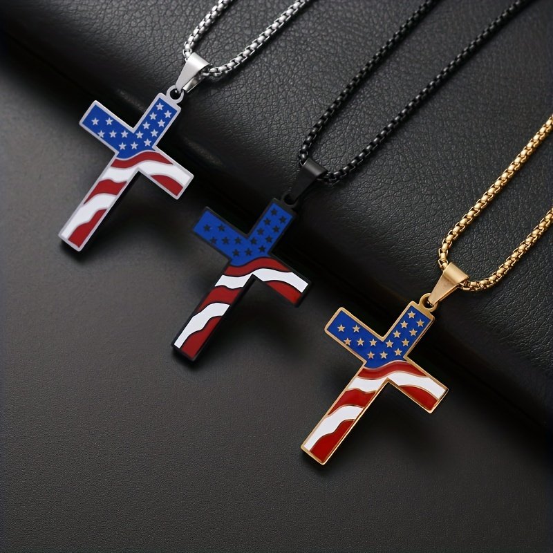 Color Matching National Flag Necklace American Flag Cross Pendant Necklace Stainless Steel Independence Day Star Flag Necklace