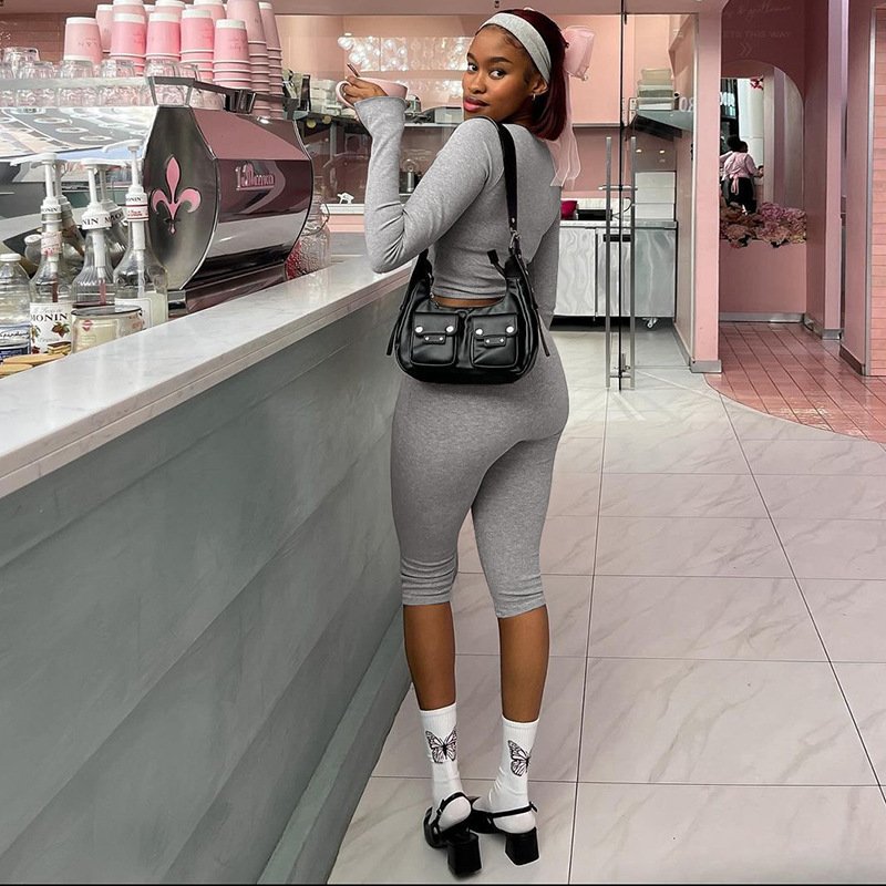 X16270C Ribbed Solid Sporty 2 Piece Sets Women Casual Long Sleeve Zip Crop Tops and Calf-Length Pants Matching Fitness Tracksuit