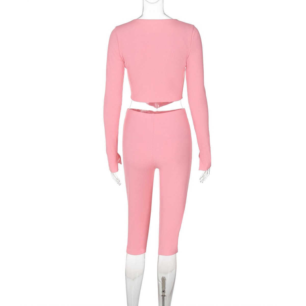 X16270C Ribbed Solid Sporty 2 Piece Sets Women Casual Long Sleeve Zip Crop Tops and Calf-Length Pants Matching Fitness Tracksuit