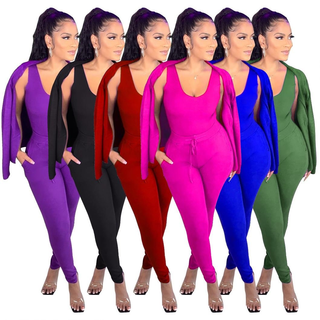High Quality Custom Women Jogging Pants Sets Slim Fit Sleeveless Tracksuit Matching Knitted 3 Piece Set
