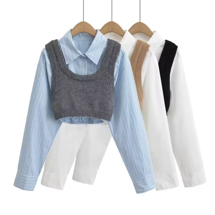 GX0328 Fashion Fall Women 3 Piece Set Elegant Street Wear Long Sleeve Shirt +Vest+ Denim Patchwork Unique Skirt Matching Suit
