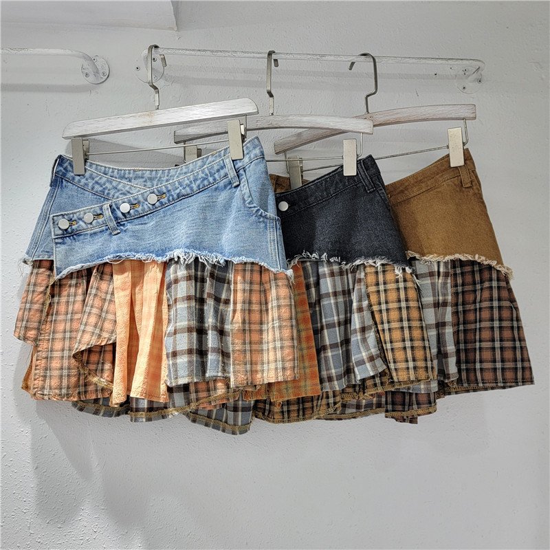 GX0328 Fashion Fall Women 3 Piece Set Elegant Street Wear Long Sleeve Shirt +Vest+ Denim Patchwork Unique Skirt Matching Suit