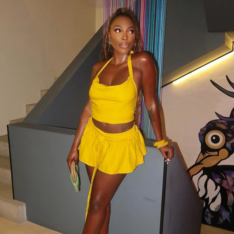 X15951C Elegant Yellow 2 Piece Sets Women Outfits Sexy Halter Tank Tops and Ruffles Bow Ribbons Mini Skirt Matching Streetwear