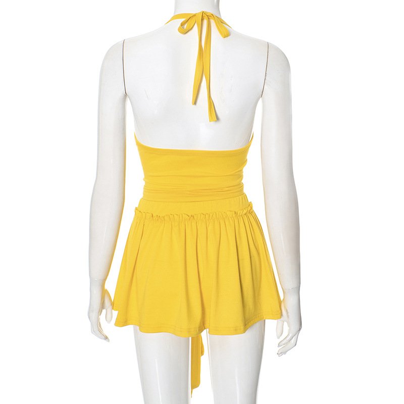 X15951C Elegant Yellow 2 Piece Sets Women Outfits Sexy Halter Tank Tops and Ruffles Bow Ribbons Mini Skirt Matching Streetwear
