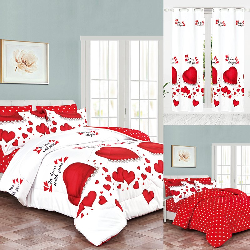 Hot Selling 8 pcs curtain red bedding set comforter set with matching curtains