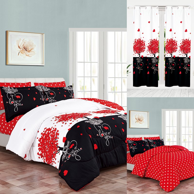 Hot Selling 8 pcs curtain red bedding set comforter set with matching curtains