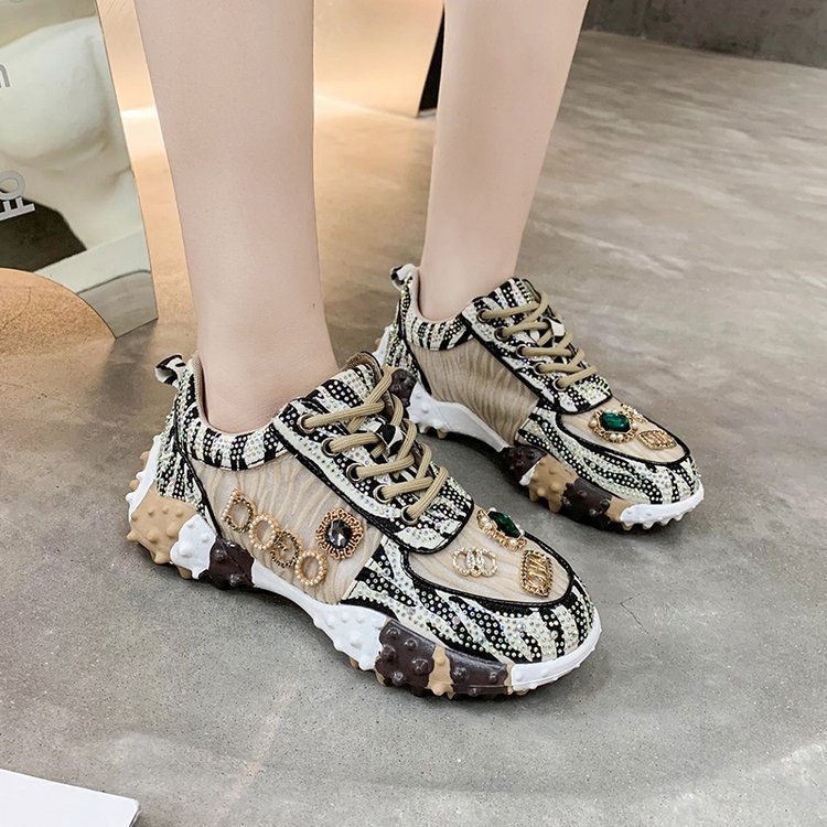 Full diamond color matching casual shoes with diamond inlaid cream color daddy shoes high profile thick soled casual shoes