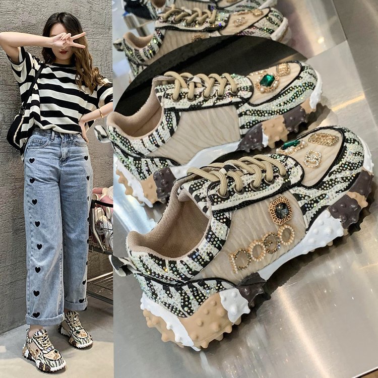 Full diamond color matching casual shoes with diamond inlaid cream color daddy shoes high profile thick soled casual shoes