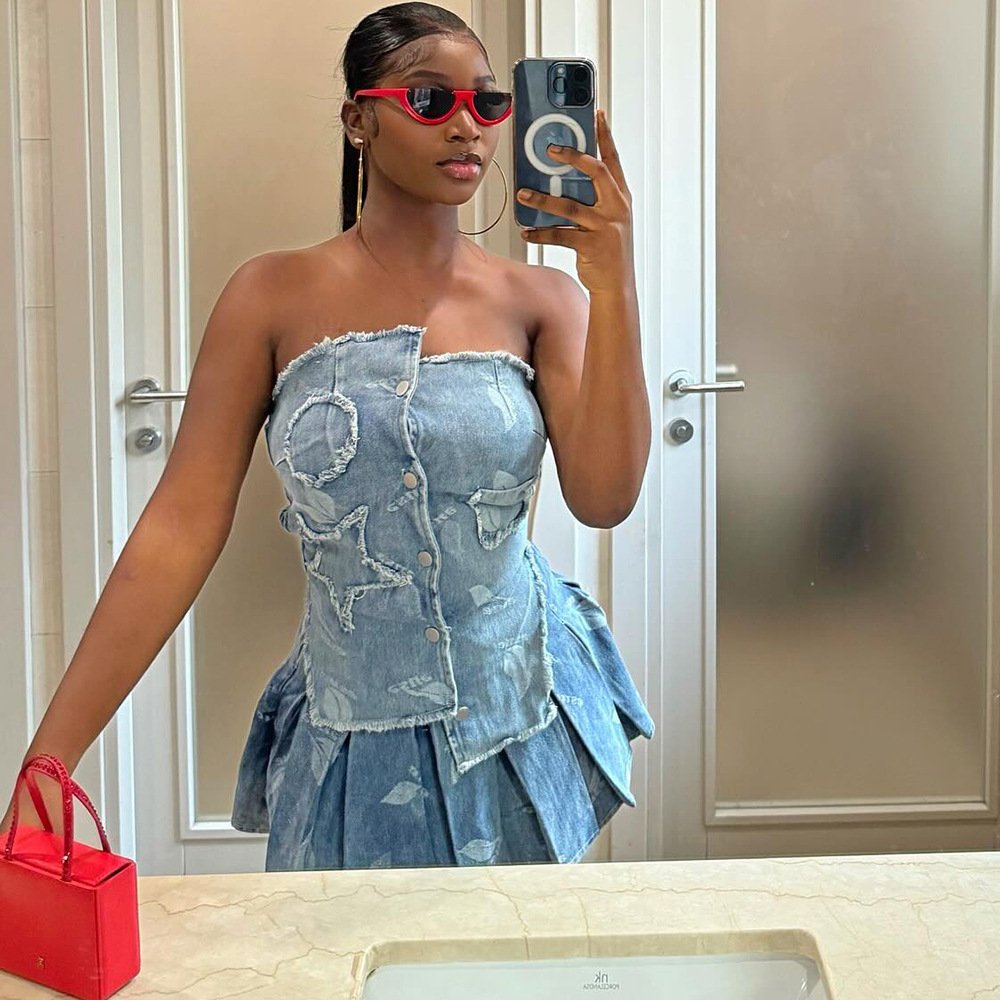 X15800C Stretch Denim 2 Piece Sets Women Hipster Sexy Irregular Tube Tops and Mini Pleated Skirt Match Party Clubwear Streetwear