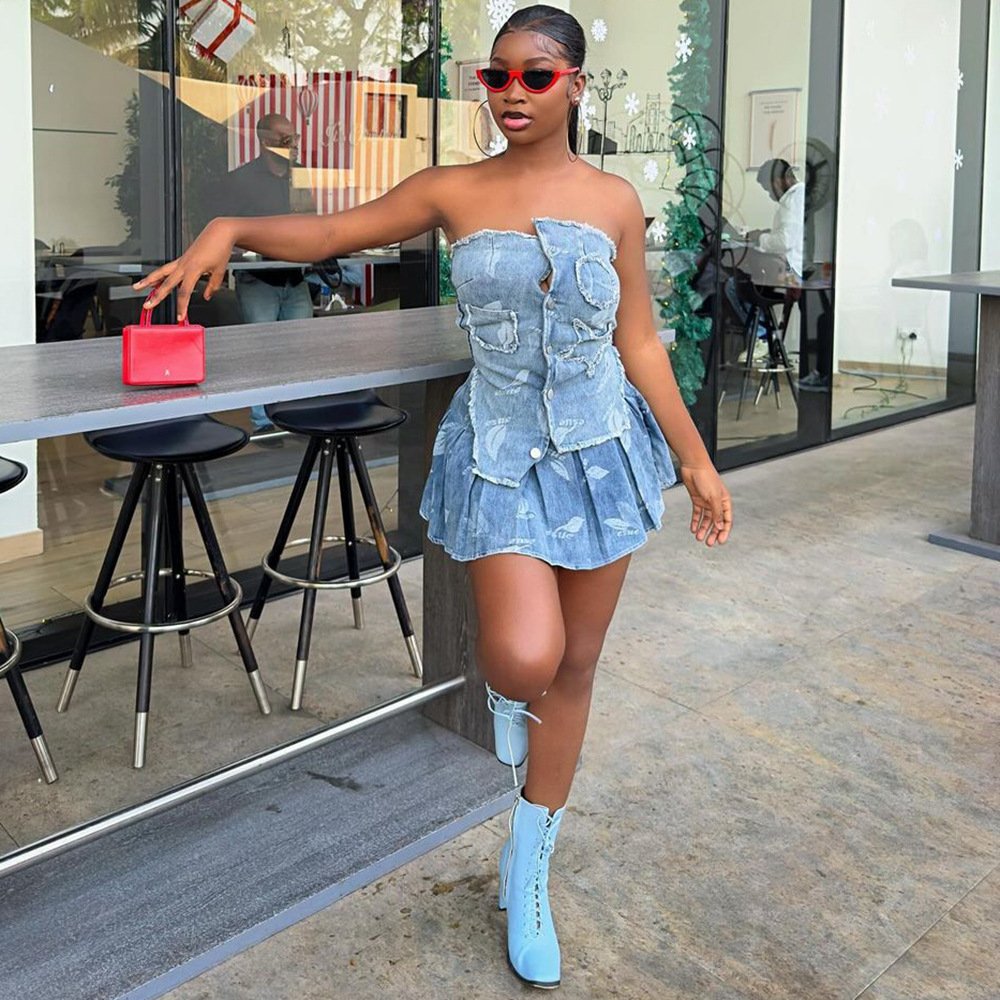 X15800C Stretch Denim 2 Piece Sets Women Hipster Sexy Irregular Tube Tops and Mini Pleated Skirt Match Party Clubwear Streetwear