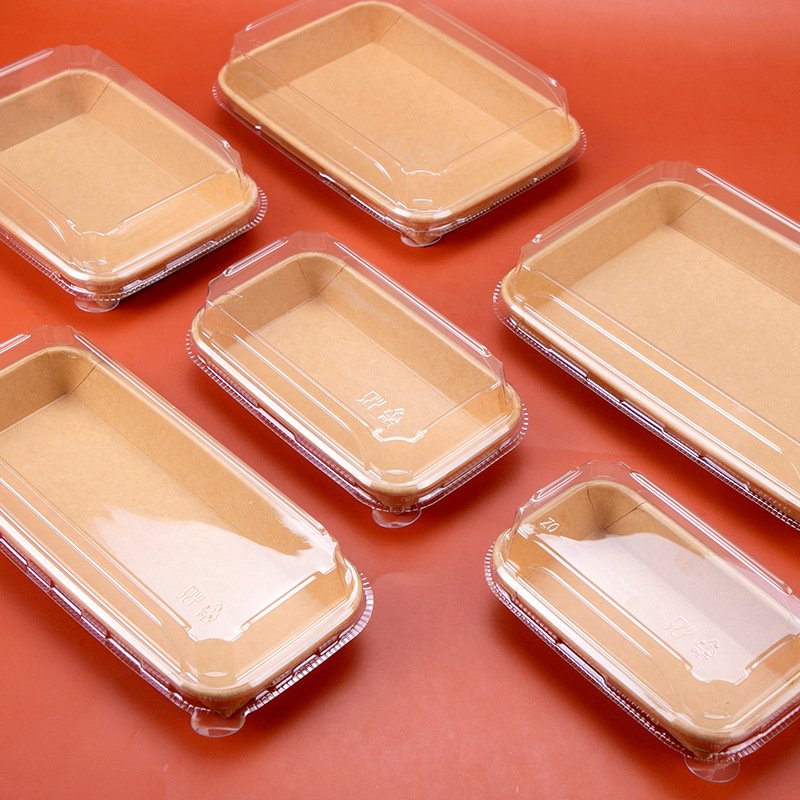 Sushi Tray Sushi Box Disposable Free Sample Water And Oil Proof Kraft Paper Food Container Matching Pet Anti-fog Lids Separately
