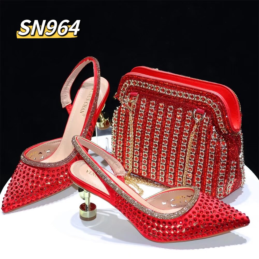 New Shoes Bag Set with Stones Beautiful Italian Shoes to Match Bag Set Women Party PU high quality Bridal Women Summer thin shoe