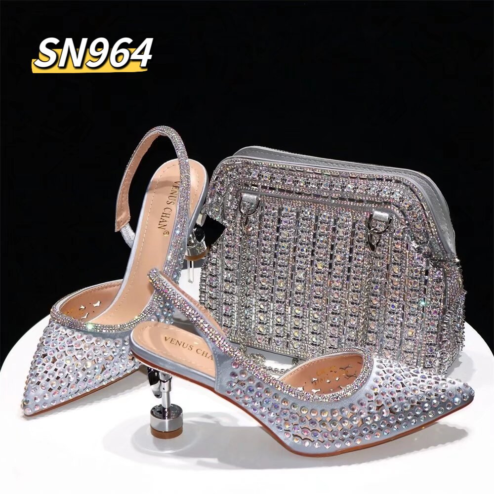 New Shoes Bag Set with Stones Beautiful Italian Shoes to Match Bag Set Women Party PU high quality Bridal Women Summer thin shoe