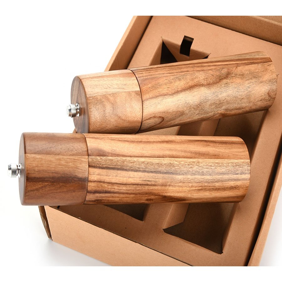 Luxury Gift Box Refillable Acacia wood Mills and matching Wood Tray Salt and Pepper Grinder Set