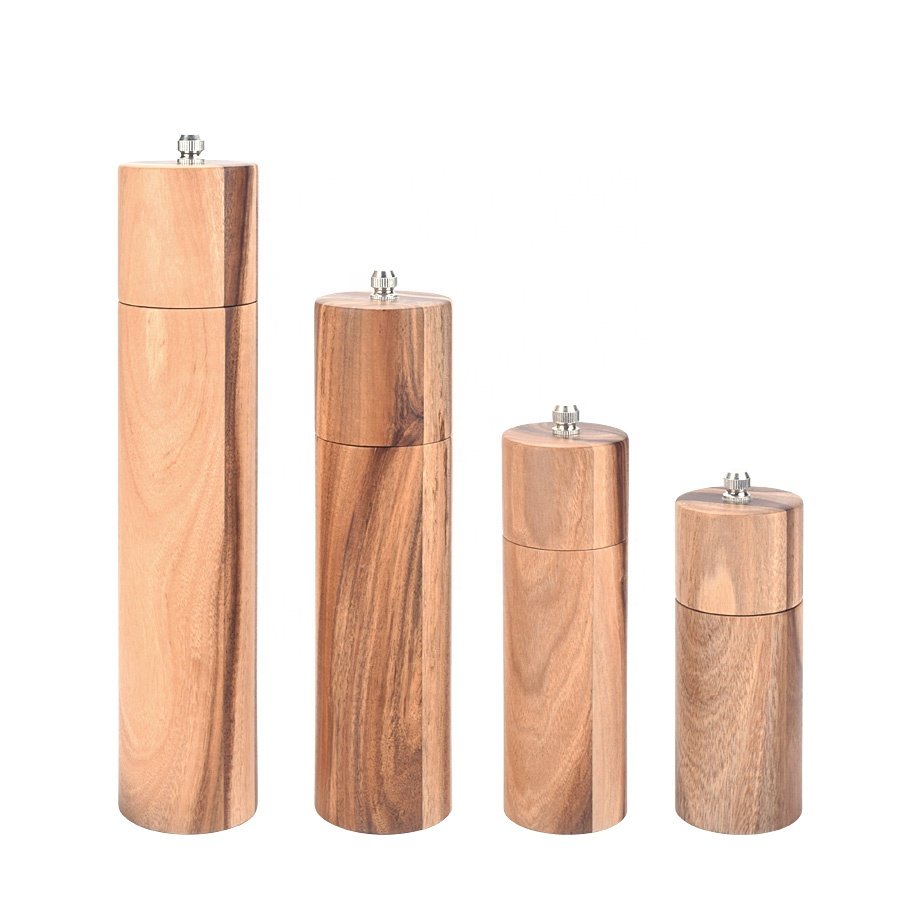 Luxury Gift Box Refillable Acacia wood Mills and matching Wood Tray Salt and Pepper Grinder Set