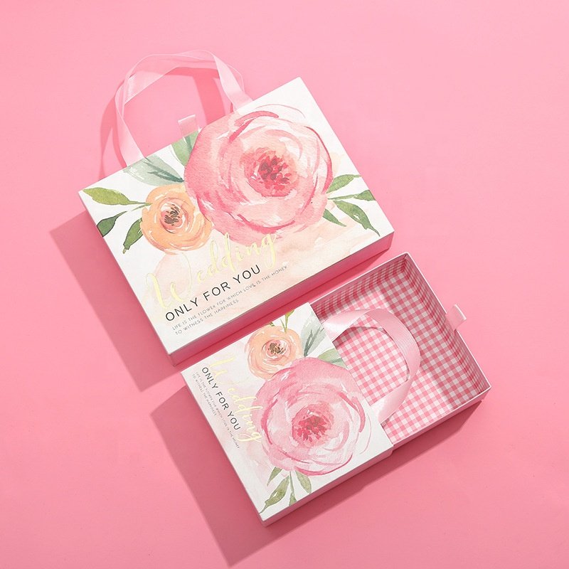 Customized Rigid Cardboard Pink Drawer Sliding Gift Jewelry Necklace Ring Matches Paper Boxes with Ribbon Handle