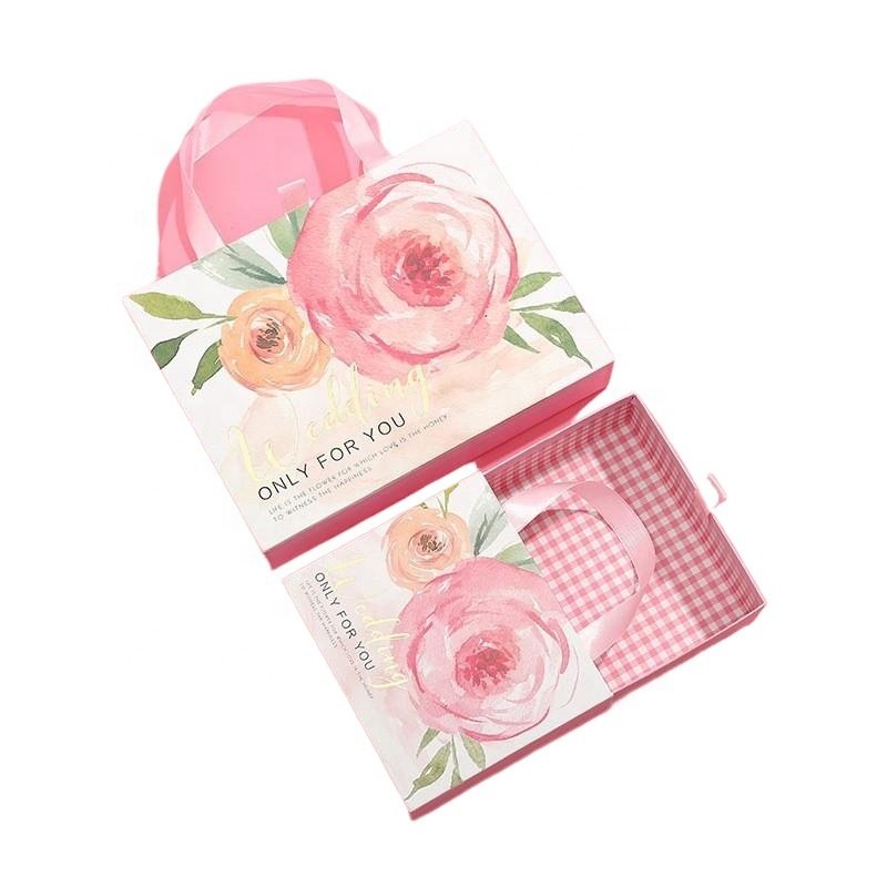 Customized Rigid Cardboard Pink Drawer Sliding Gift Jewelry Necklace Ring Matches Paper Boxes with Ribbon Handle