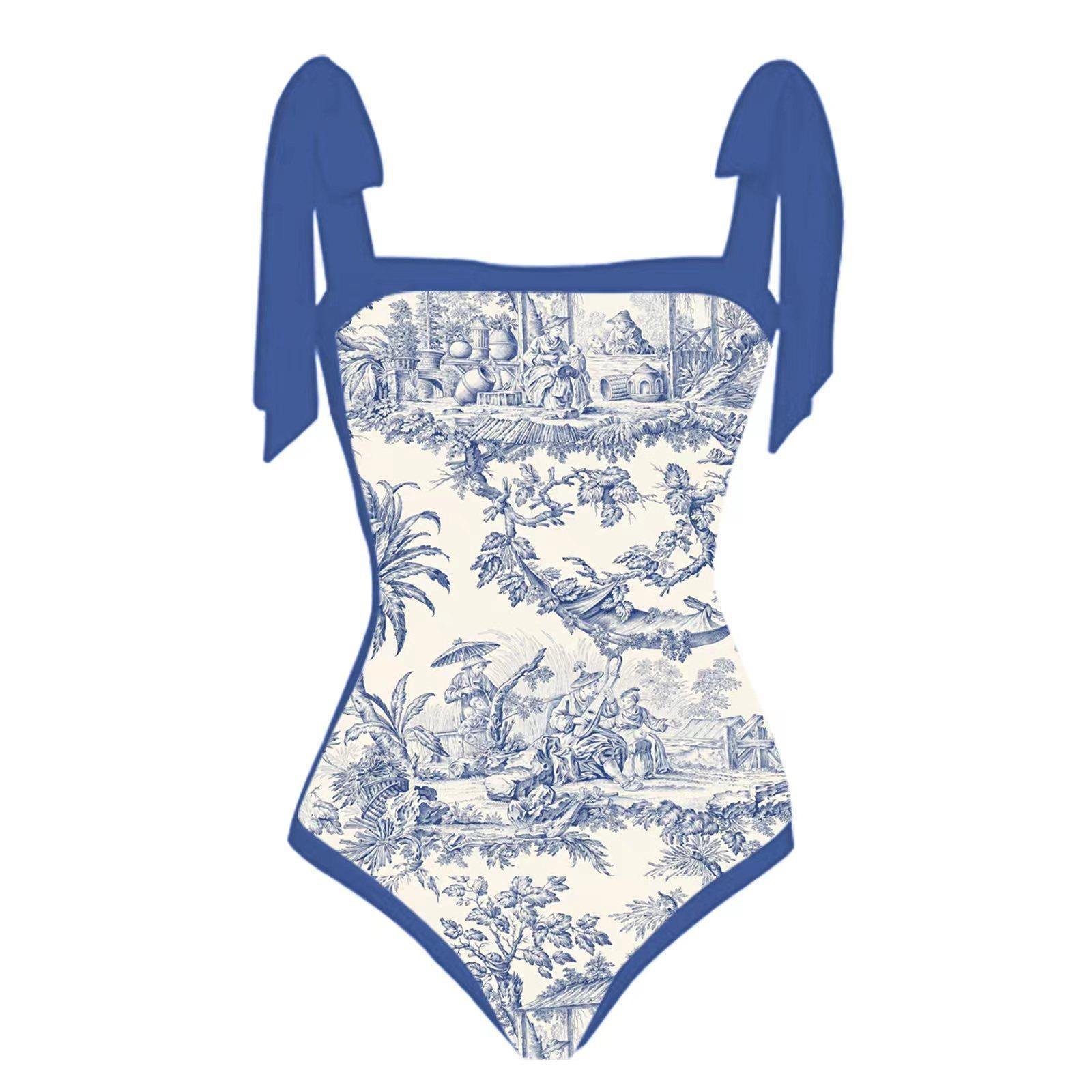2024 New Appliques Backless Floral Print One Piece Swimsuit And Sarong 2pcs Set For Women Ruffle Strap Beachwear Cover Up Skirt