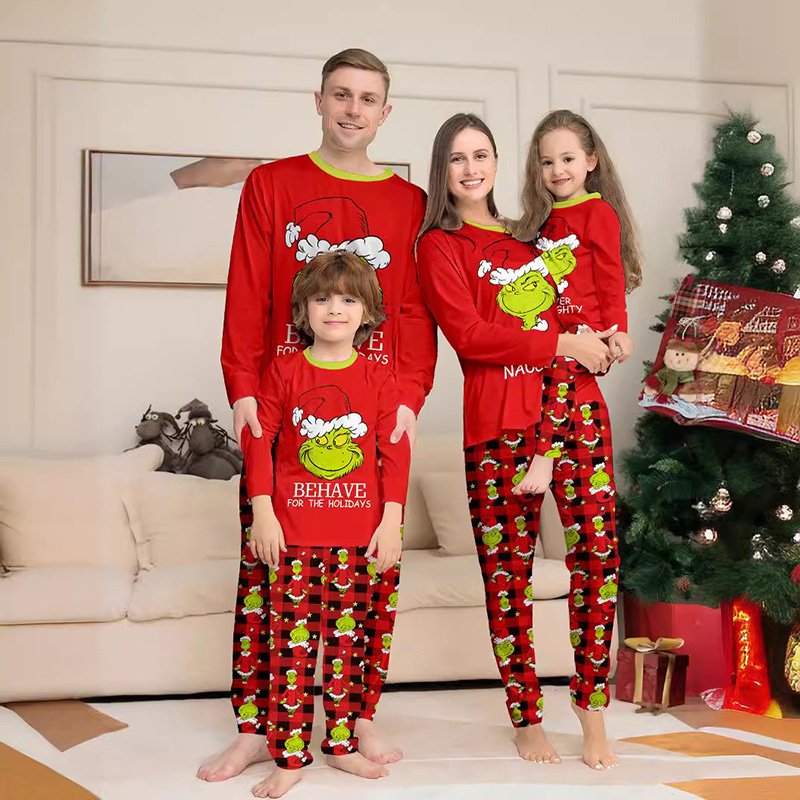 Christmas Grinchmas Patterns Round Neck Long Sleeve Family Matching Christmas Pajamas Sets For Xmas Party Supplies