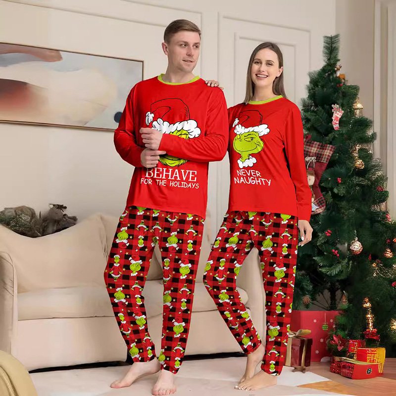Christmas Grinchmas Patterns Round Neck Long Sleeve Family Matching Christmas Pajamas Sets For Xmas Party Supplies